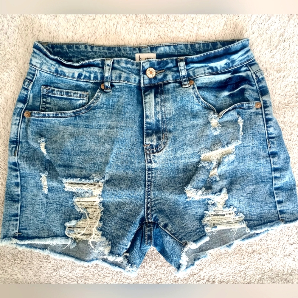 Medium wash high-waisted denim shorts, size Small